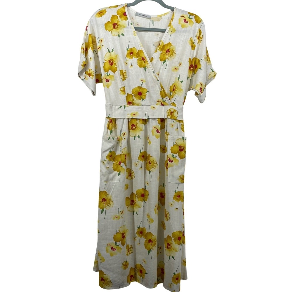 Ces Femme Women Size Small Midi Sun‎ Dress White Yellow Floral Linen Blend Apron